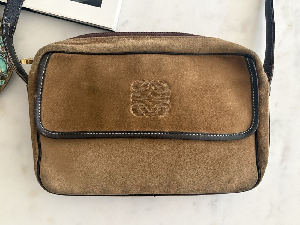 Loewe Vintage Suede Crossbody Bag Tan Anagram Y2k Leather Trim Shoulder Purse